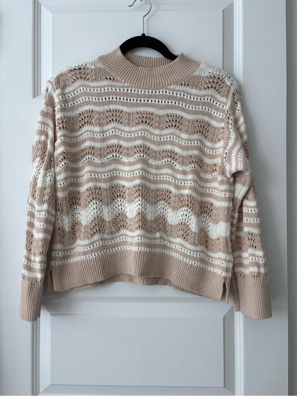 Anthropologie Beige Cream Open Knit Sweater Size S - Cozy Striped Openwork